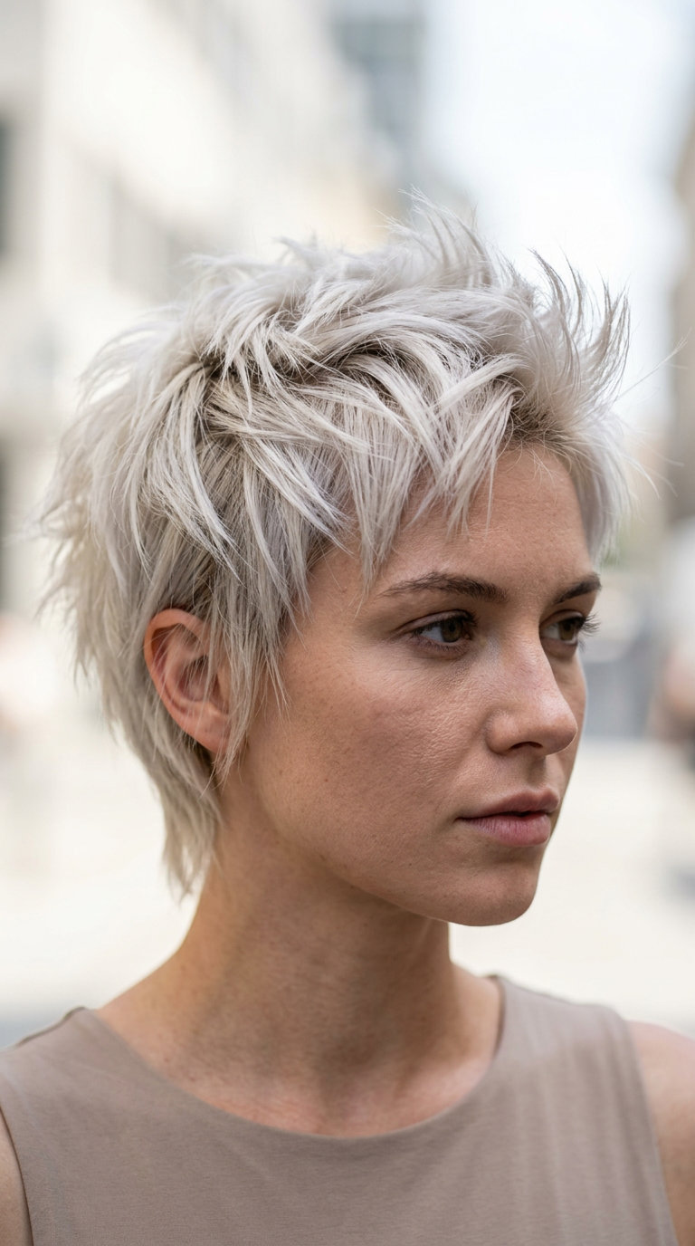 Platinum Rebel Wolf Cut 2026 very short platinum wolf cut with ash blonde root smudge and micro-bangs for festivals