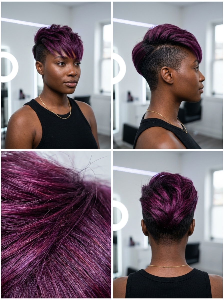short undercut burgundy haircut with electric plum color and textured top for edgy looks