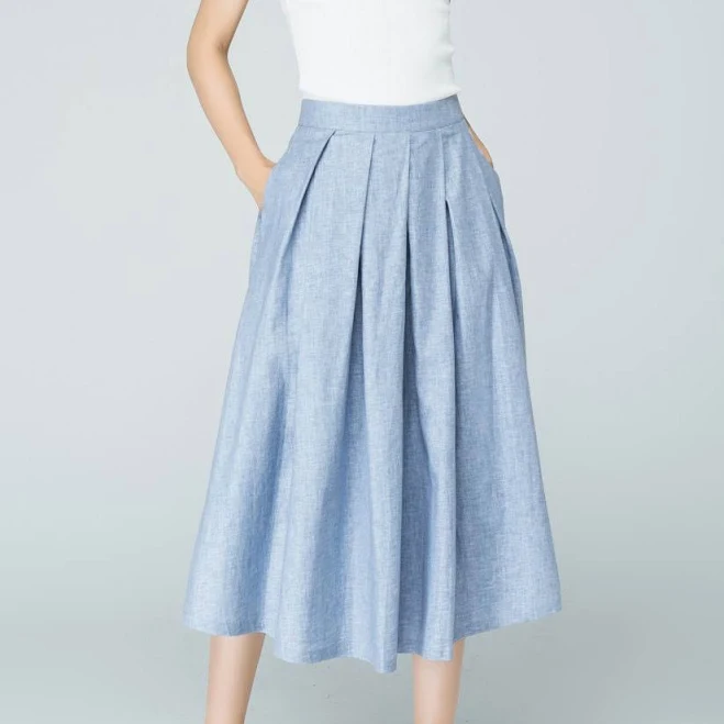 skirt A-Line Pleated Linen Midi Skirt with Pockets Etsy - xiaolizi $71.1