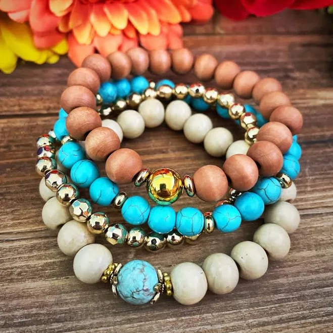 accessory Boho Beaded Stacking Bracelets with Wood & Turquoise Howlite Etsy - BohoRue $22.5