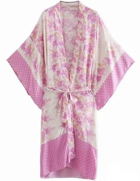 outerwear Boho Mid-Length Pink Floral Kimono Boho Mood $46.9