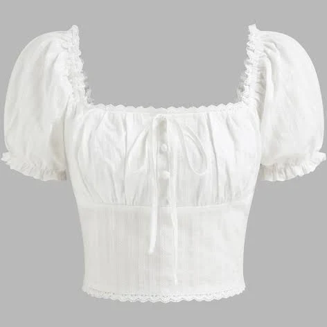 top CIDER Women's Lightweight Woven 100% Cotton Broderie Anglaise Puff Sleeve Crop Blouse Resort Cider $29.9