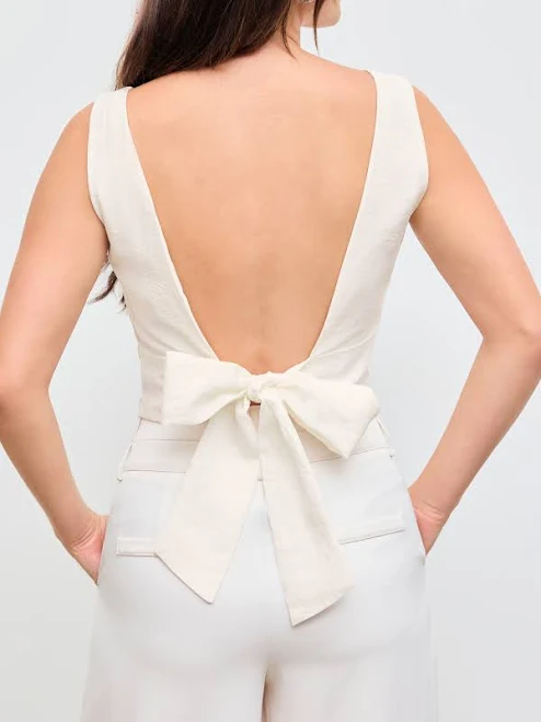 top CIDER Women's Linen-Blend Breathable Adjustable Knotted Backless Boat Neck Tank Top Beach Date Summer Cider $19.9