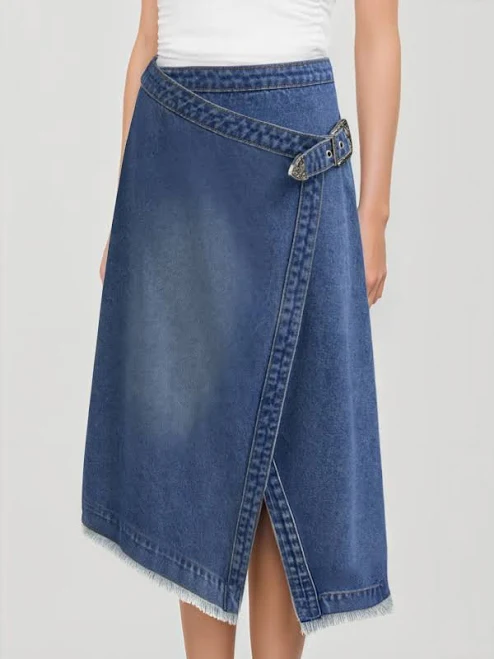 skirt CIDER Women's Mid Rise Denim Raw Hem Asymmetrical Belted Daily Casual Midi Skirt Cider $25.74