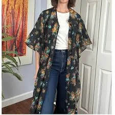 outerwear Floral Kimono Duster Sheer Lightweight Cover Up Bohemian Beach Black Etsy $32