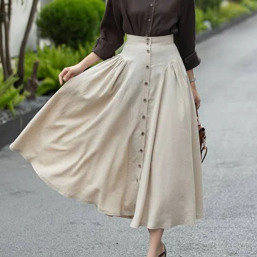 skirt High Waist A-Line Linen Midi Skirt XiaoLizi $119