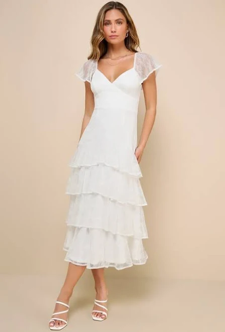 dress Lulus Flutter Sleeve Lace Tiered Midi Dress Lulus $79