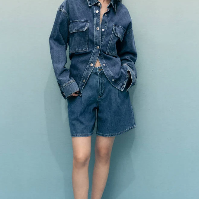 shorts MANGO Women's Mid-Rise Pleated Denim Bermuda Shorts shop.mango.com $29.99