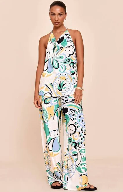 pants PrettyLittleThing Women's Abstract Print Woven Floaty Wide Leg Trousers boohoo USA $29.5