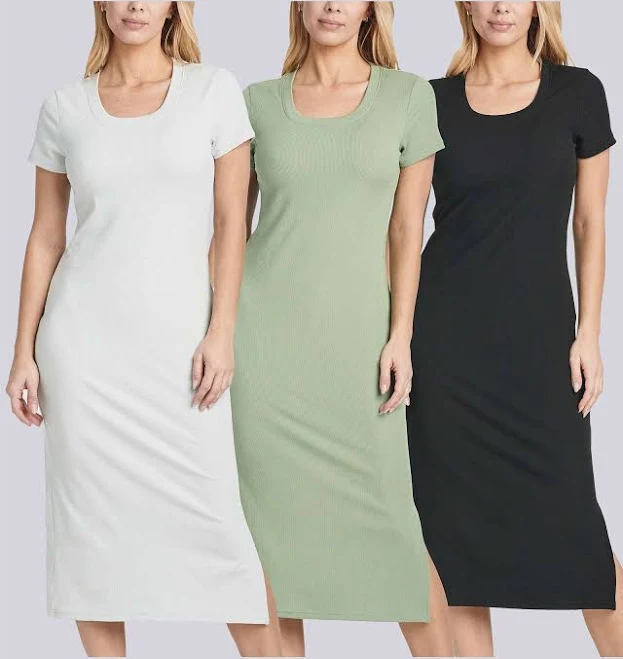 dress Real Essentials Women's Ribbed Jersey Crew Neck Midi Dress Set with Side Slit (3 Pack Real Essentials $39.99