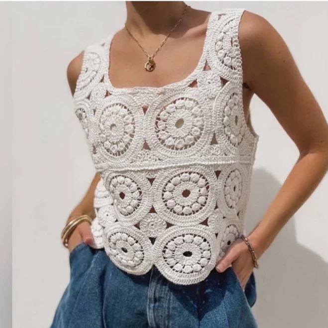 top Rebellion Cotton Square Neck Crochet Medallion Tank Top Poshmark $30