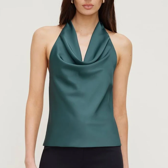 top Women Dynamite Camila Satin Cowl Halter Neck Blouse Dynamite $49.95