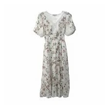 dress Women White Pink Green Midi A-Line Dress V-Neck Puff Sleeve Floral Ruffle Accent eBay $25