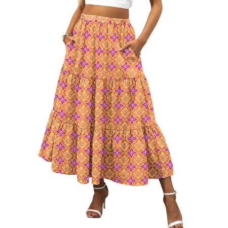 skirt Women's Boho Flowy Swing Maxi Skirt with Pockets Walmart - ANRABESS FASHION $26.99