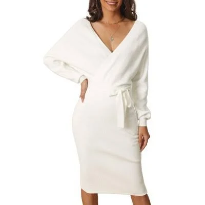 dress Women's Deep V Neck Wrap Batwing Sleeve Belted Bodycon Midi Sweater Dress Target $63.99