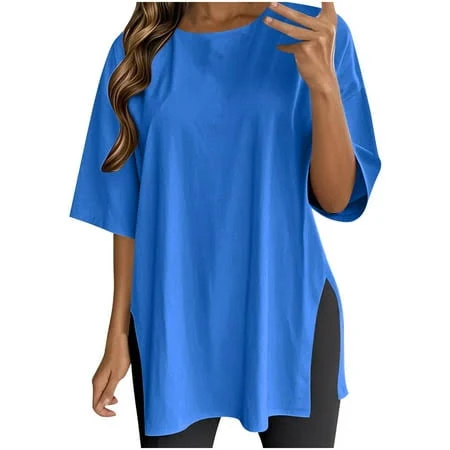 t-shirt Women's Oversized Loose Fit Short Sleeve Workout T-Shirts with Side Slits Walmart - eilrgd $12.63