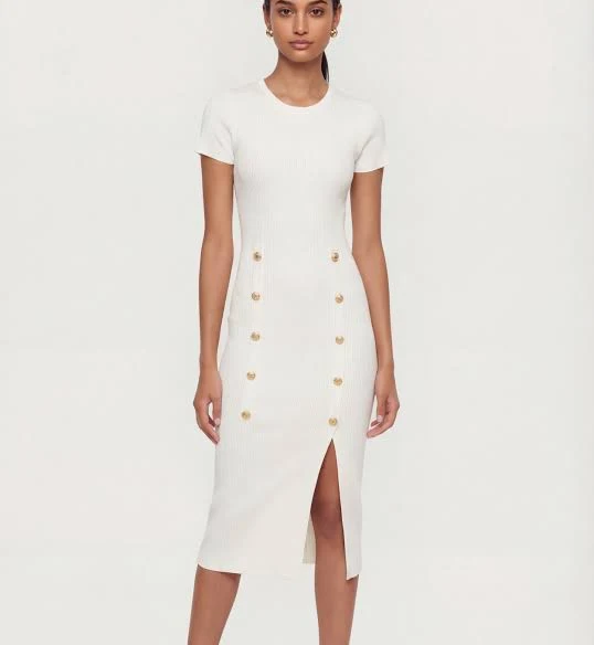 dress Womens Ribbed Knit Short Sleeve Midi Dress with Faux Buttons, White, Size S - Rainbow Shops Rainbow Shops $24.99