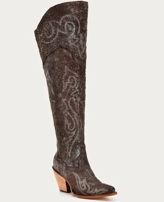shoes Z5242 WOMEN'S BROWN-SILVER METALLIZED EMBROIDERY SCRUNCHABLE TALL TOP POINTED TOE COWBOY BOOT corralboots.com $186