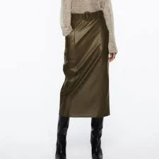 skirt ZARA Deep Olive Green Leather Belted Midi Skirt Pockets Blogger Favorite Medium eBay $115