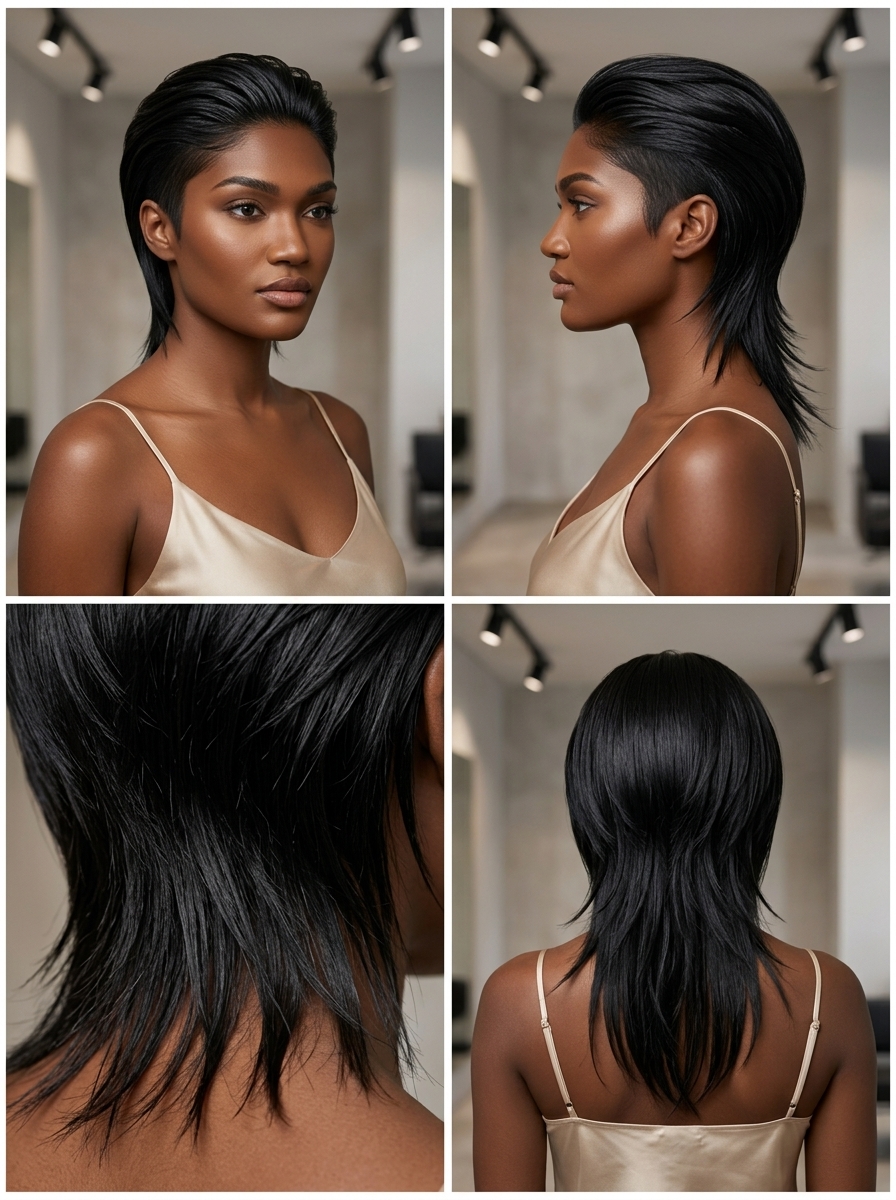 long raven black mullet with wet-look finish and tapered sides for summer festivals