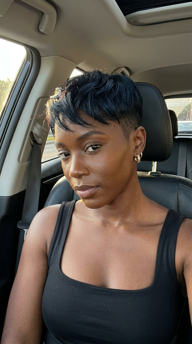 ultra-short pixie haircut in raven black with blue undertones, dramatic undercut and textured top — edgy
