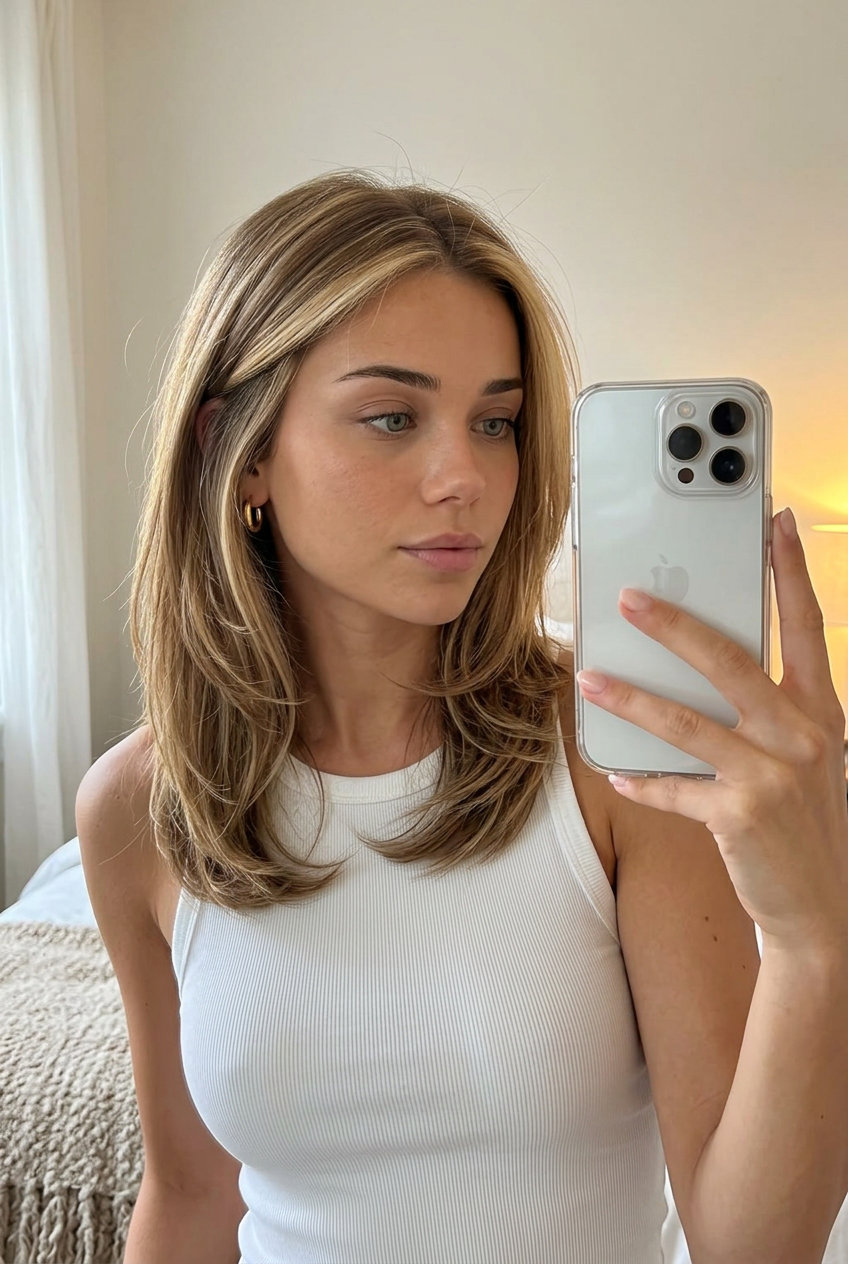 long raw honey halo highlights with neutral-gold undertones, u-cut, no fringe — soft natural