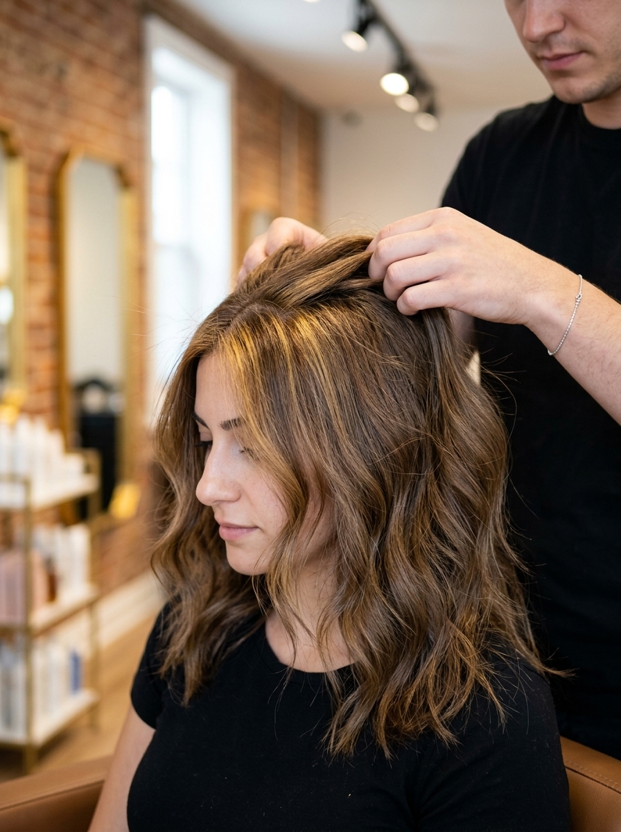 long natural brown hair with raw honey roots, freehand painting, sun-kissed mood