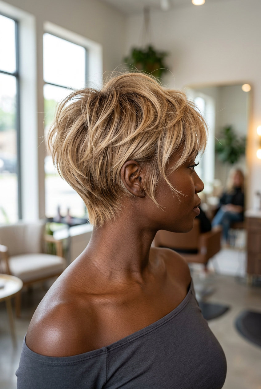 short pixie with raw honey blonde babylights and soft root blend for summer
