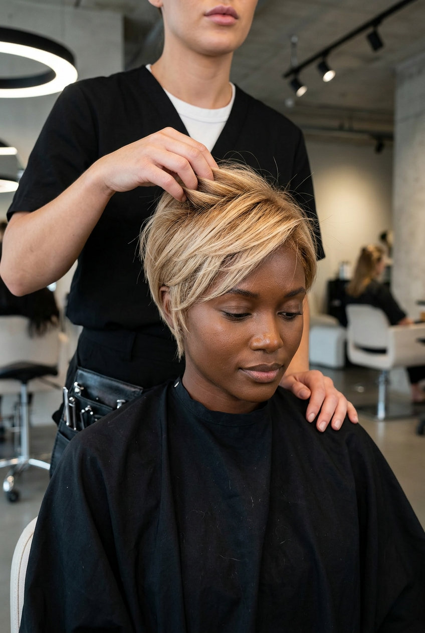 short pixie honey blonde hair color with sandy beige babylights, diffused root, no fringe — edgy effortless weekend getaway