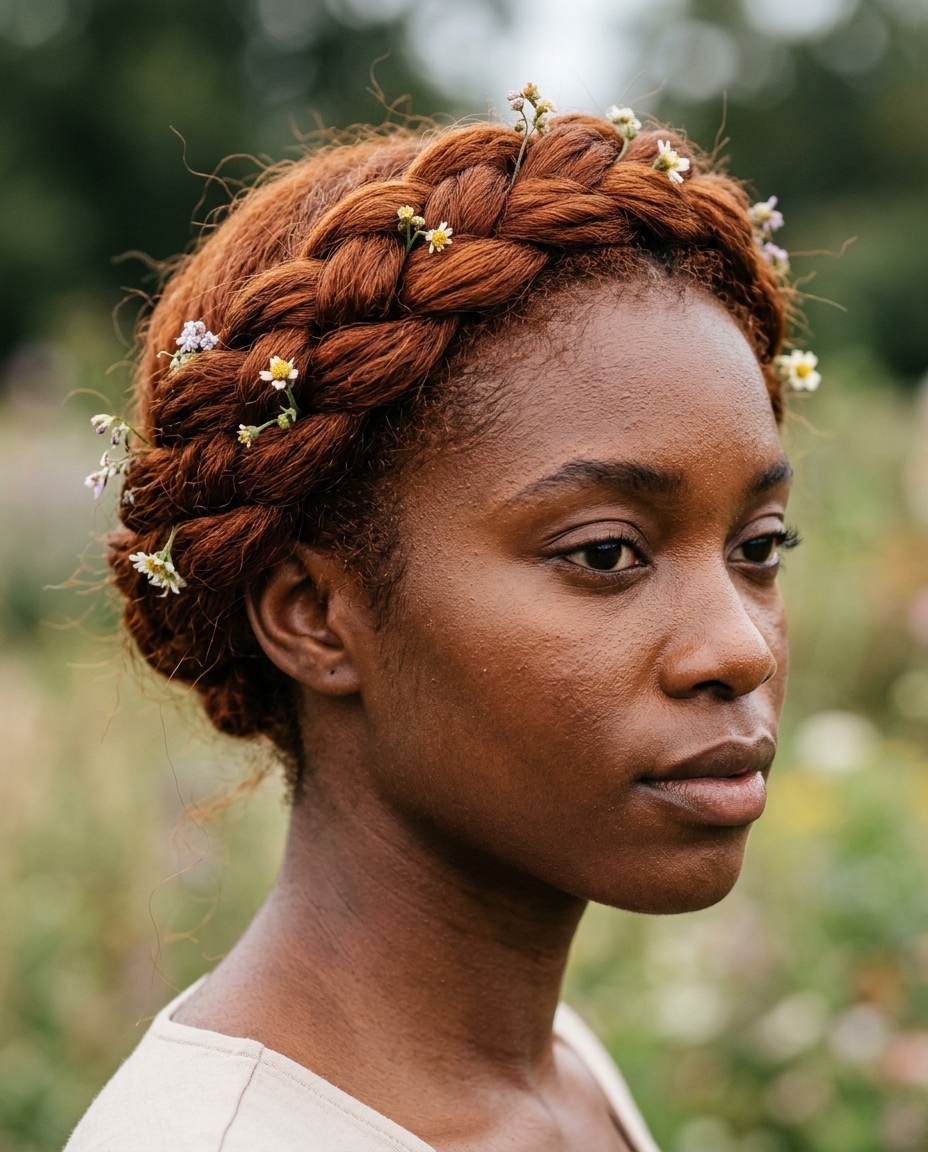 long twisted crown braid with deep red-brown wildflowers for summer
