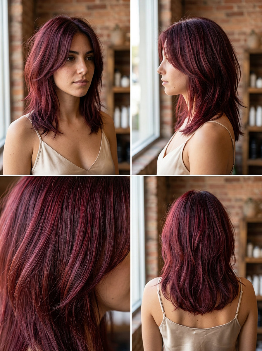 medium red wine textured cut with violet-red tones and high-gloss finish for summer