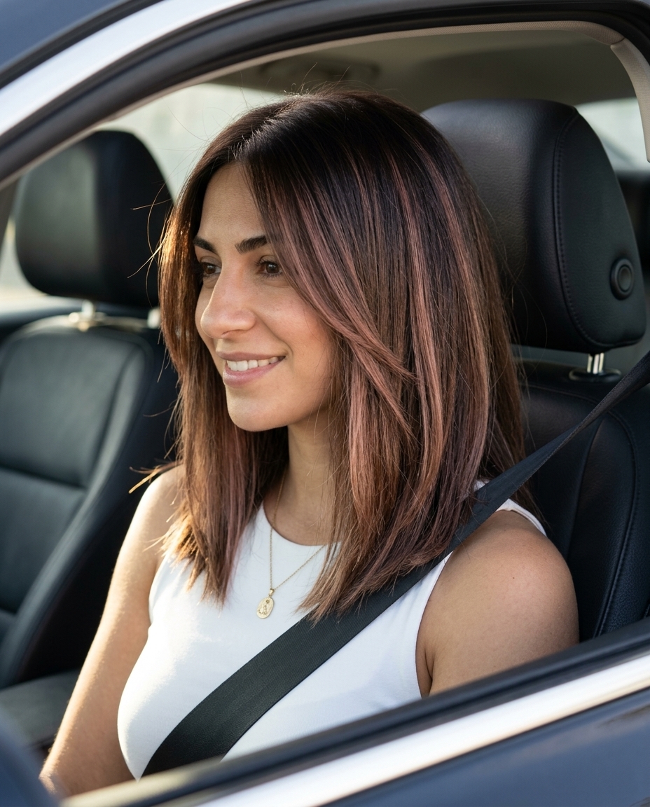 shoulder-length bob rose brunette with sunkissed balayage, soft internal layers — effortless, luxurious