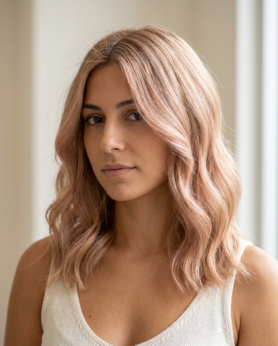 long shimmering rose gold blonde with subtle gold, babylights, no fringe — romantic