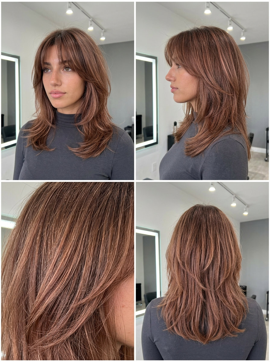 Collarbone-length shag with rose gold brunette, choppy layers, curtain bangs — retro