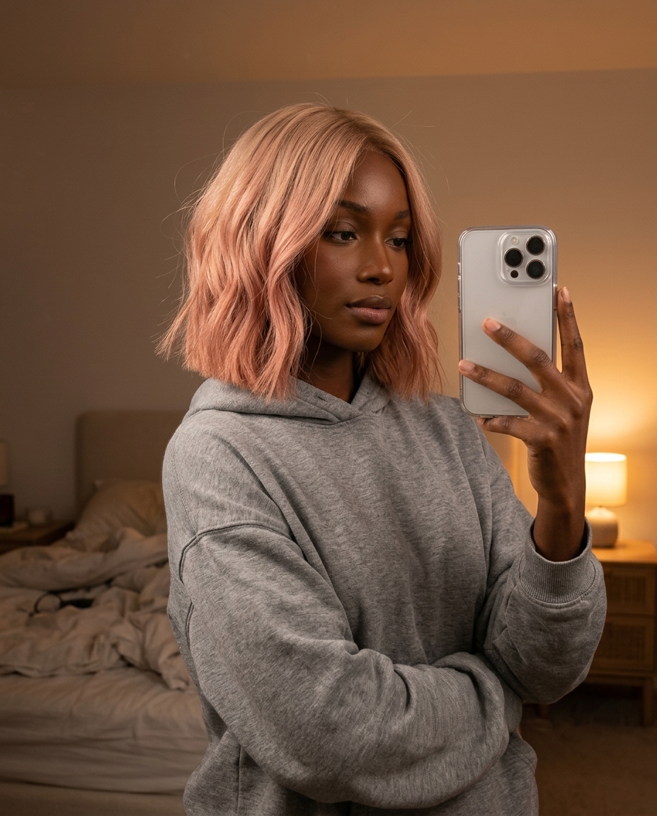 chin-length blunt bob haircut in rose gold ombré with soft waves, for festival