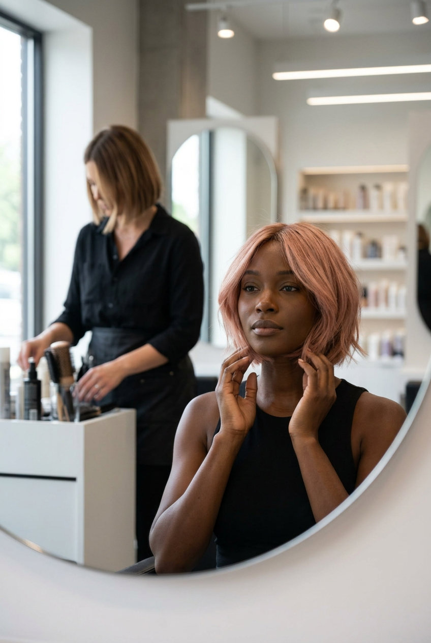 chin-length bob haircut in dusty rose gold with razored ends for playful summer 2026
