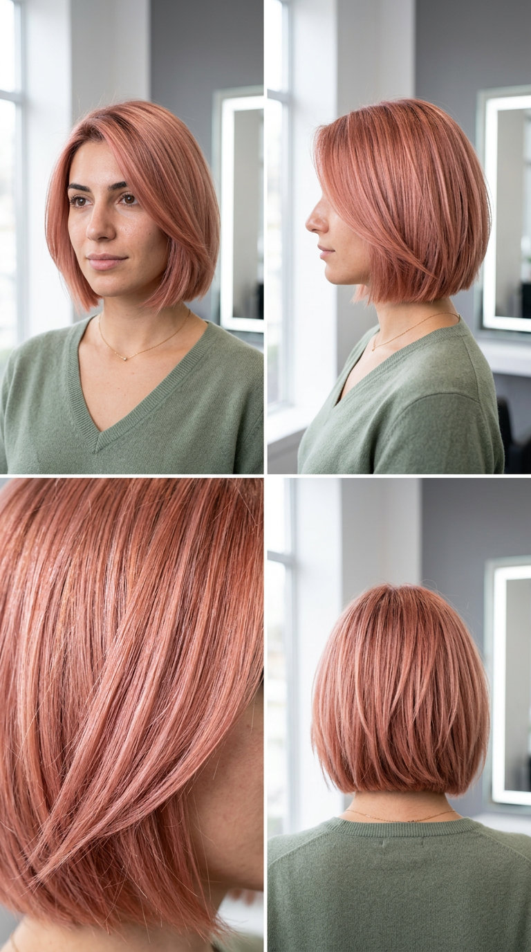 chin-length Italian bob haircut with rose gold shimmer, peach-pink undertones, point-cut perimeter — playful, trendy