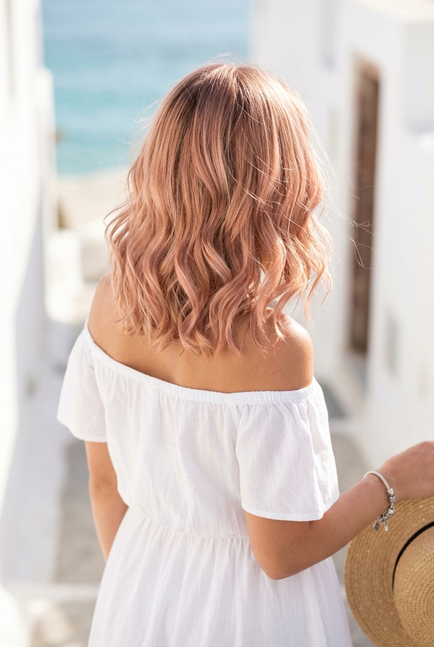 Ethereal Rose Gold Lob 2026 short rose gold lob with warm blonde base and face-framing layers for ethereal look