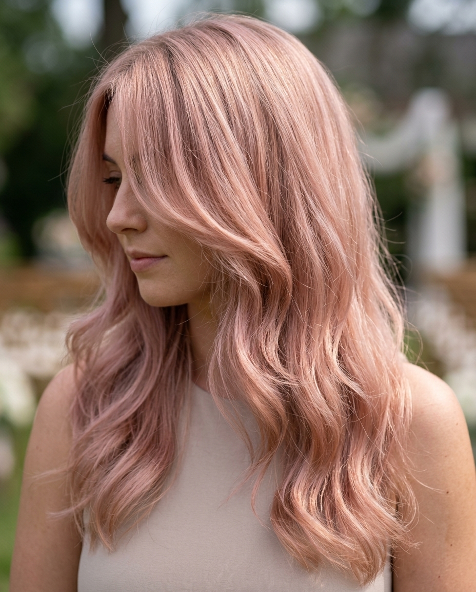 long flowing layered hair in rose gold with champagne blonde undertones, soft blended layers — romantic and dreamy