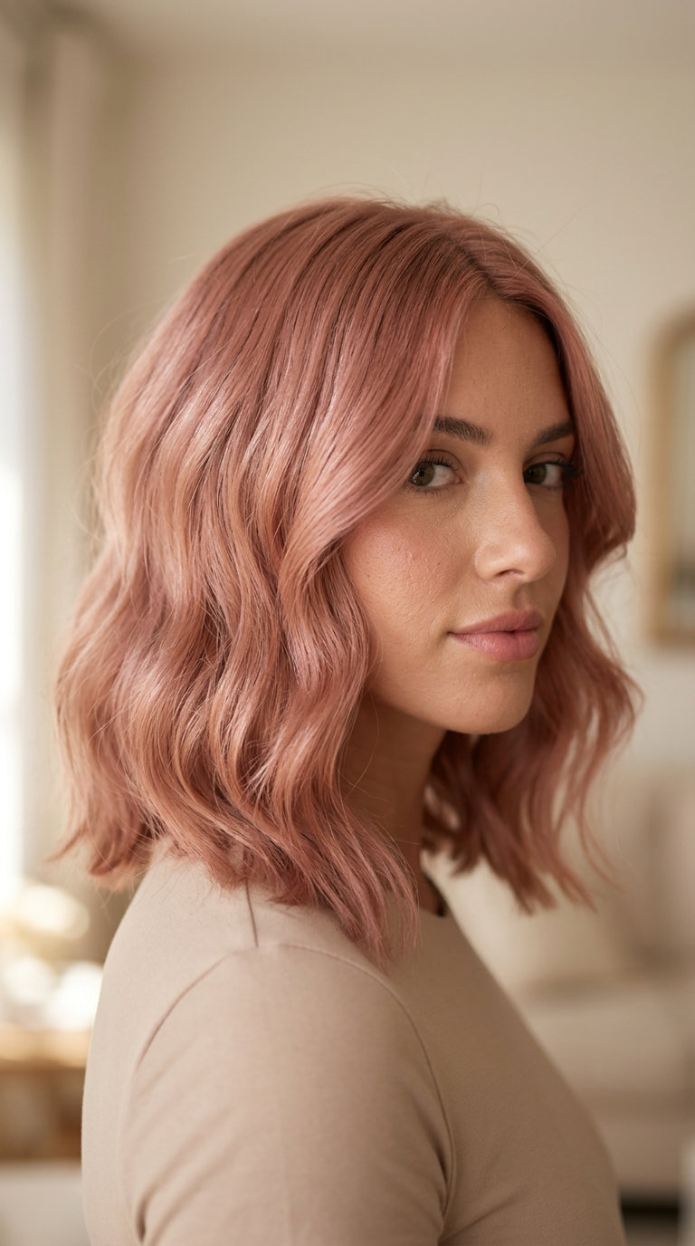 medium textured lob haircut in rose gold with pink and champagne blend for summer