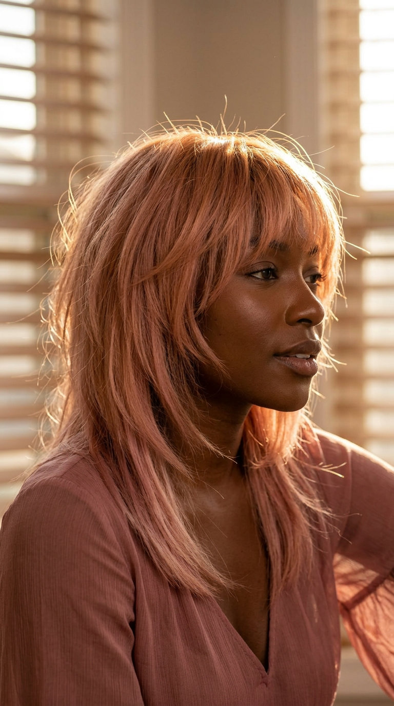 Playful Desert Rose Shag 2026 medium desert rose shag with feathered bangs and choppy layers for playful texture