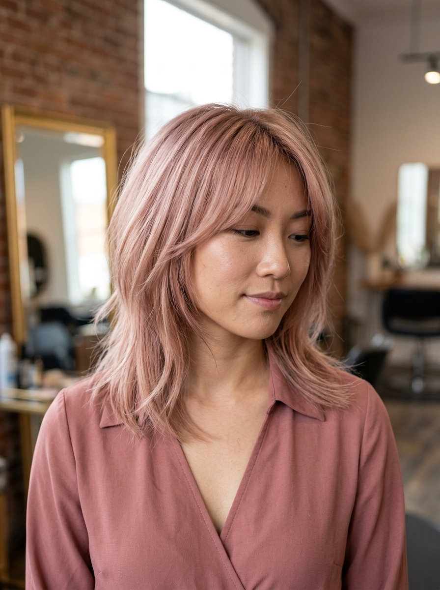 Dreamy Rose Gold Wolf Cut 2026: Shimmering Style medium wolf cut in rose gold, pearlescent shimmer, root smudge — playful dreamy
