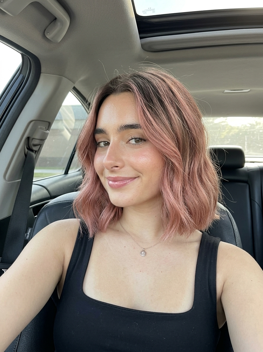 chin-length italian bob haircut with rose gold ombré and soft point-cut perimeter, face-framing pieces — romantic bohemian style