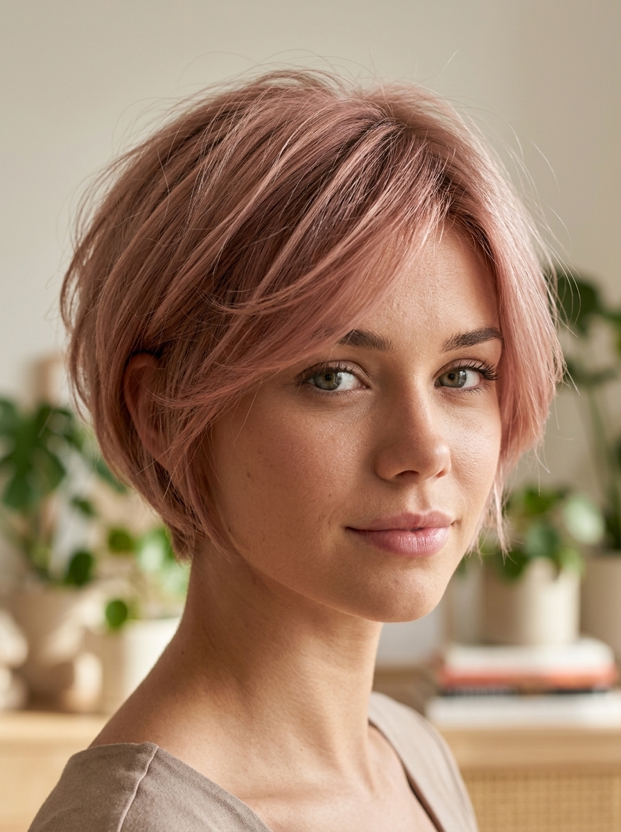 short bixie cut with muted rose gold, peachy-gold undertones, face-framing layers — modern romantic look