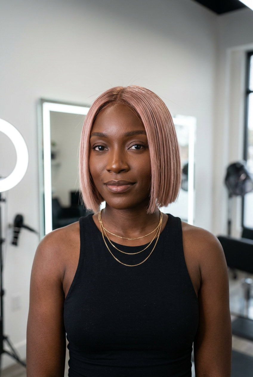 short blunt rose gold bob haircut with subtle root smudge and no fringe for bold style