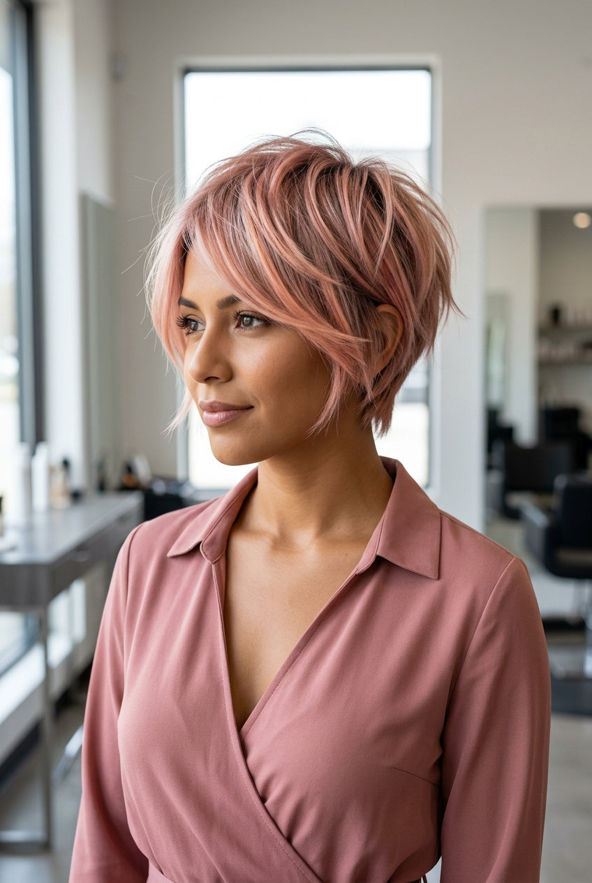 short crop balayage with dusty rose gold, AirTouch technique, no bangs — whimsical edgy style