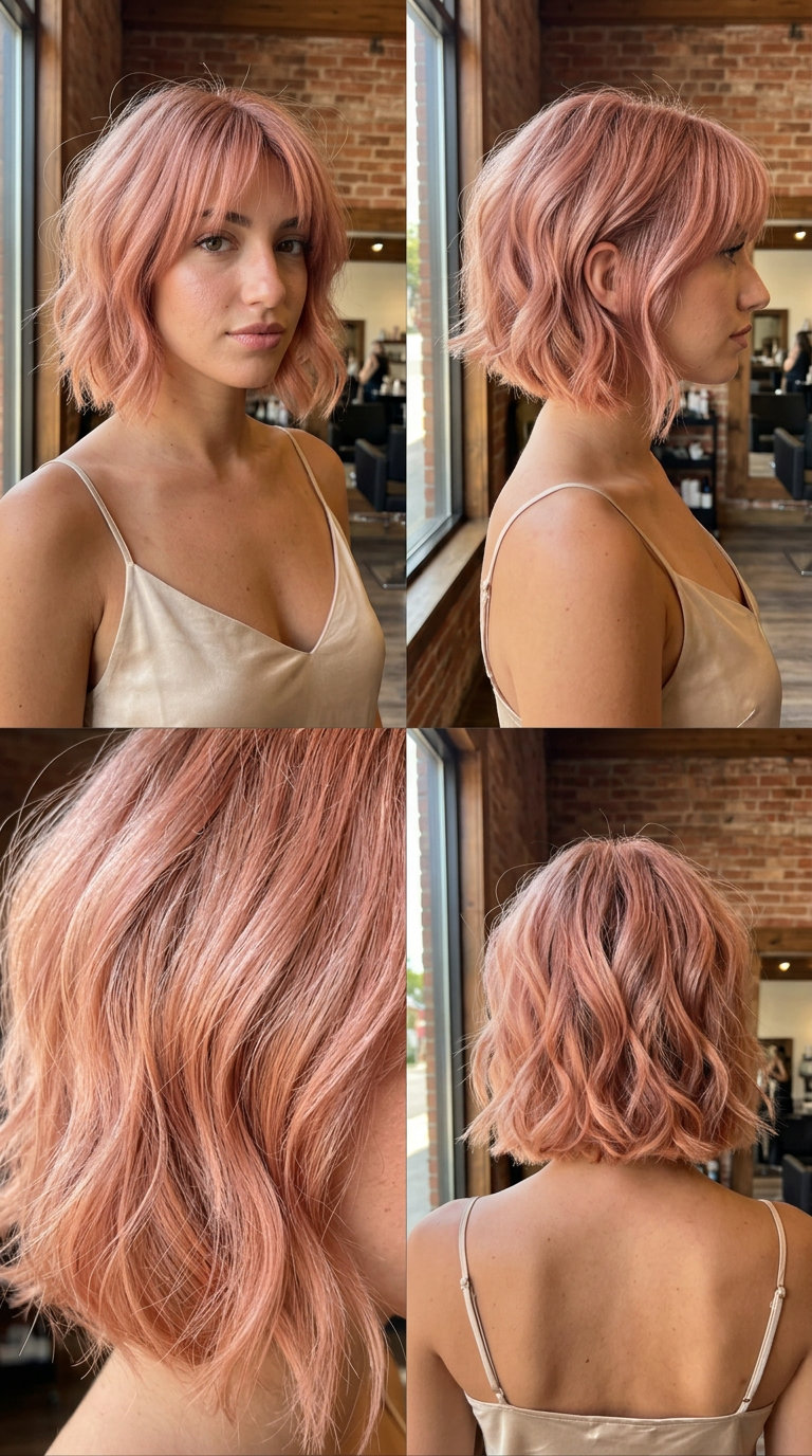 short wavy crop haircut in rose gold with pink and peach tones, point-cut textured layers for a soft look — ethereal and romantic