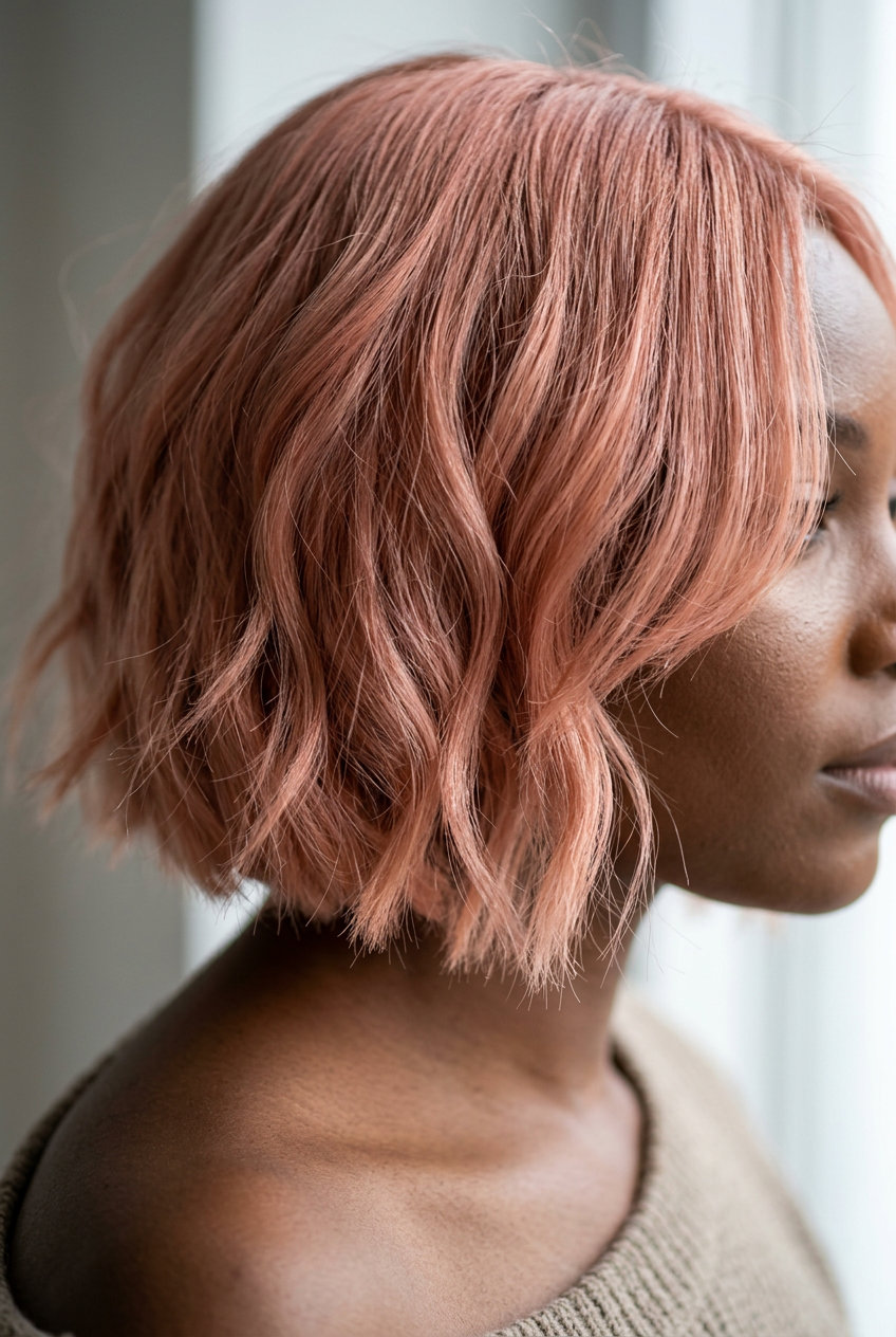 short french bob haircut in rose gold with wispy fringe and soft waves for garden party