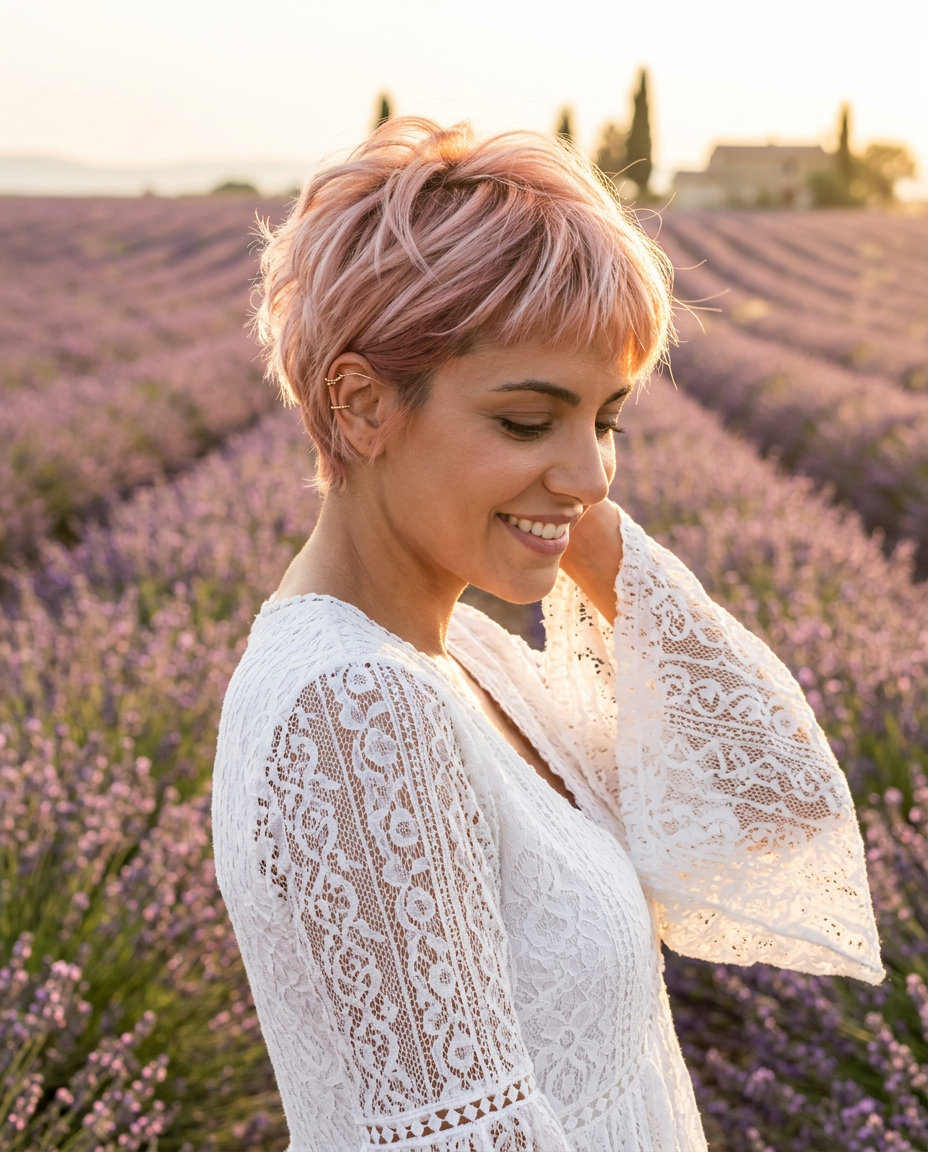 short rose gold pixie cut with platinum base, feathered layers and micro-fringe for playful date night wear