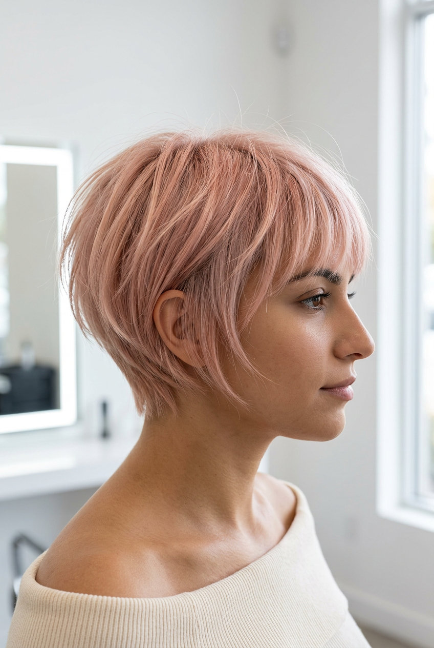 short wispy bangs pixie haircut in rose gold on platinum blonde base for romantic style